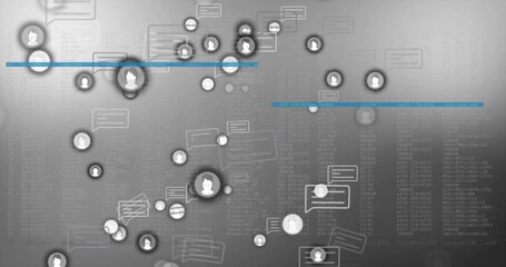 Wall Mural - Chat bubbles and user icons animation over digital data and code background