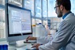 © Iftikhar alam - A man in a lab conducting research, analyzing test results on a computer screen, Reviewing test results on a computer screen