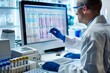 © Iftikhar alam - A man in a white lab coat is closely examining test results displayed on a computer screen, Reviewing test results on a computer screen
