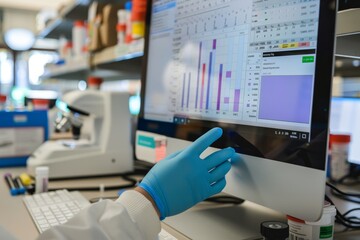 Poster - A person in a lab coat and gloves points at a computer screen displaying test results, Reviewing test results on a computer screen