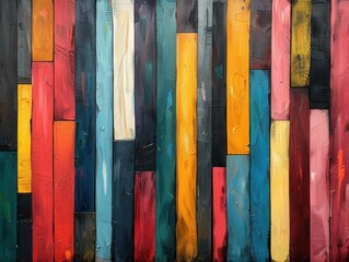 Wall Mural - A wall constructed of colorful wooden planks, painted in various hues and arranged vertically