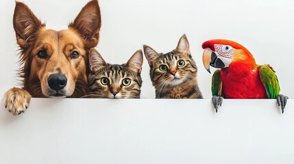 a brown dog, two tabby cats and a red and green macaw are peeking over a white surface, all looking 