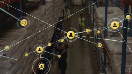 Canvas Print - Organizing shelves in warehouse, workers with network connections animation overlay