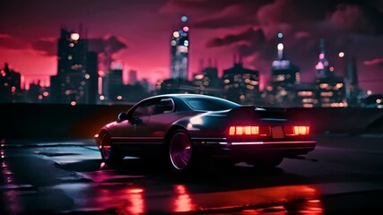 Poster - Futuristic car on the cybeprunk street in blue and purple synthwave colors. Cool retro supercar on synthwave street