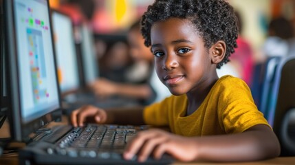 young boy in a classroom learning using a computer.