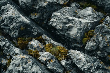 Canvas Print - Detailed view of rocky terrain with uneven surfaces covered in vibrant green moss, Rocky terrain with uneven surfaces and moss growing in crevices