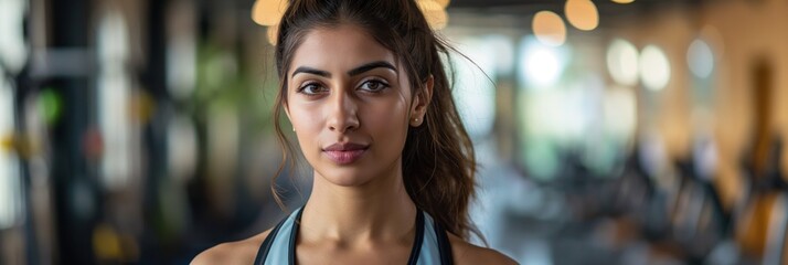 A young woman is posing confidently in a gym, wearing athletic gear, with gym equipment and bokeh lights in the background.