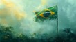 © LuvTK - Watercolor illustration of a large Brazilian flag, vibrant green, yellow, and blue colors, fluttering gracefully in the wind against a soft,