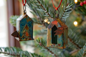 Sticker - A Christmas tree decorated with rustic tin ornaments hanging from its branches, Rustic tin ornaments with a weathered patina and charm