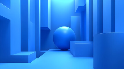 Poster - A minimalist blue abstract scene featuring geometric shapes and a sphere.