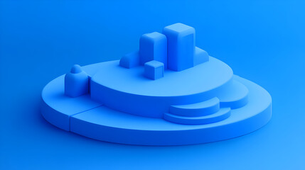 Poster - A minimalist blue 3D model depicting a cityscape on a circular base.