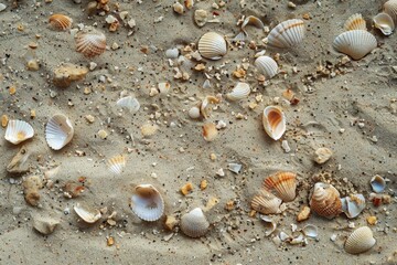 Poster - Various seashells scattered across sandy beach ground, Sandy ground with a loose, granular feel and scattered shells