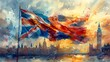 © LuvTK - Watercolor illustration of the Union Jack, its colors flowing gracefully against a light background with subtle hints of London’s skyline, capturing an elegant and dignified atmosphere.