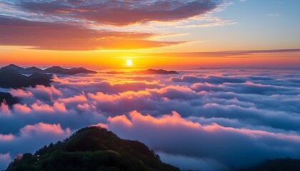 Wall Mural - At sunrise, the sun shines on the clouds, reflecting gorgeous colors, and beautiful mountains are vaguely visible in the distance.