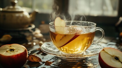 Teacup of tea with apple cinnamon, apple slices, and autumn leaves on the table. Seasonal warm beverage in a teacup.