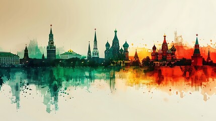 Design a watercolor scene with the Russian flag subtly blending into the Moscow skyline, showcasing the silhouette of the iconic Kremlin and the colorful domes of St. Basil's Cathedral,