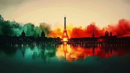 Develop a watercolor illustration of the French flag merged with the Paris skyline, showcasing the Eiffel Tower and Seine River as the key silhouettes,