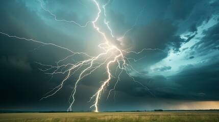 A stormy sky with lightning bolts and a field of grass