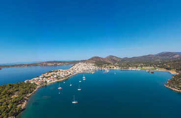 Wall Mural - Greece, Aerial drone view of Ermioni, a small port town in Argolis, Peloponnese,