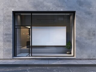 The image shows a modern storefront with large glass windows. The architecture is minimalist and contemporary, featuring clean lines and a reflective surface that enhances the sense of space.