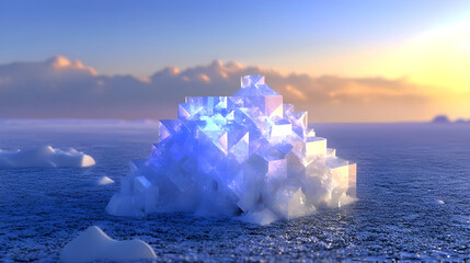 Canvas Print - A shimmering ice formation glistens under a colorful sky, creating a serene winter landscape.