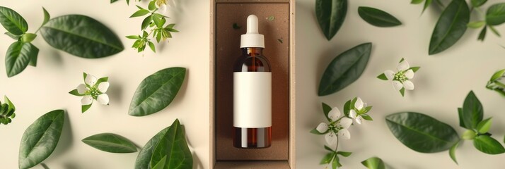 Organic Packaging. Sustainable Eco-friendly Cosmetic Skincare Mockup with Calming Leaves and Flowers