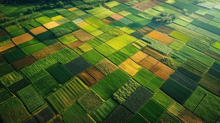 Aerial View of a Patchwork of Green and Gold Farmland