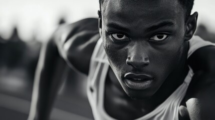 Close-up portrait of a determined athlete with sweat on his face