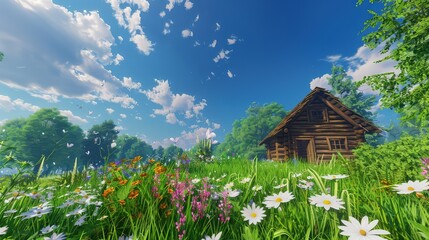 Poster - A cozy wooden hut in a peaceful meadow, surrounded by tall grass and wildflowers, with a vibrant blue sky overhead.