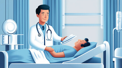 A doctor visits a tired patient lying comfortably in a hospital bed,