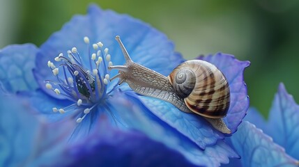 Detail of a snail on a blue flower