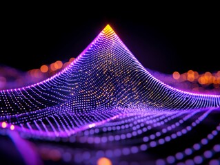 A glowing digital pyramid in yellow and purple,  a triangle network of illuminated particles. technology architecture , energy, and innovation, connectivity and data flow, High-tech visualization 