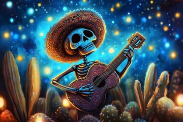 Wall Mural - Skeleton in a sombrero playing guitar, surrounded by cacti under the stars, day of the dead, día de muertos, halloween art, celebration concept, traditional,  