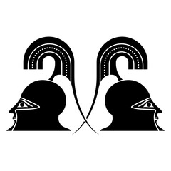 Wall Mural - Symmetrical ethnic design with two heads of Ancient Greek warriors in a helmets. Dioskouri twins. Martial emblem. Black and white silhouette.