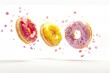 © AIGen - Glazed Doughnuts. Sweet and Colorful Fruit Glazed Donuts in Motion with Sprinkles Falling, Bakery Ad Design Elements