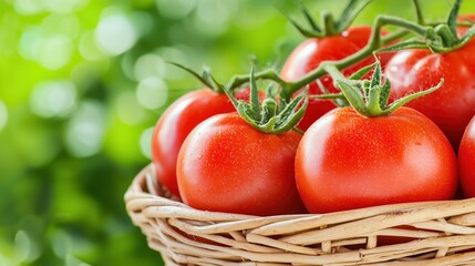 Wall Mural - A wicker basket full of ripe red homegrown tomatoes, blurred summer garden background.