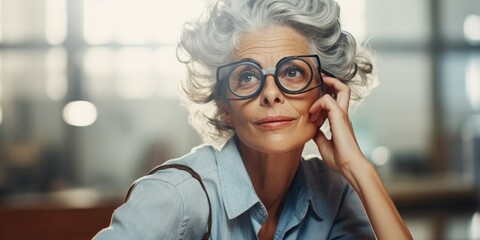 Sticker - Middle-aged woman in eyeglasses contemplating documents on desk.