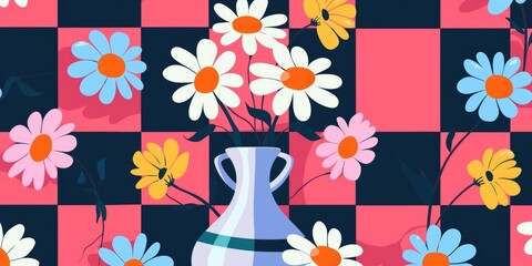 Canvas Print - Pink and blue flowers on a red background, creating a cheerful and playful mood.