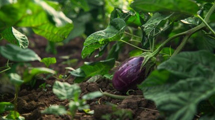 Canvas Print - A fresh eggplant peeks through vibrant green leaves in a flourishing garden, highlighted by natural sunlight on rich, earthy soil.