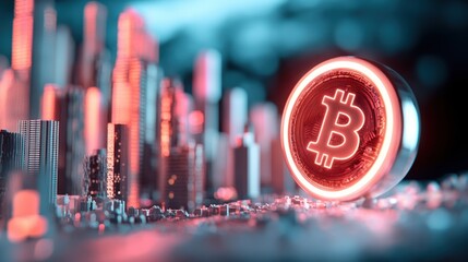 A futuristic cityscape illuminated by a glowing cryptocurrency symbol, representing a decentralized economy.