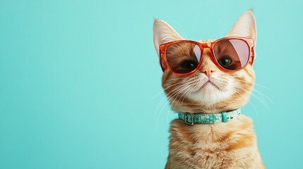 A ginger cat wearing red sunglasses and a turquoise collar against a bright blue background.