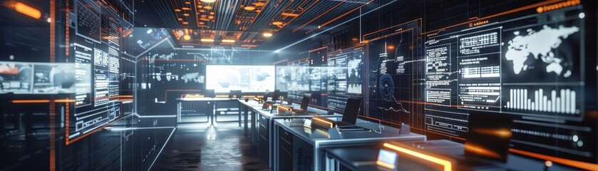 Wall Mural - Futuristic control room with advanced technology, data screens, and high-tech equipment. Ideal for technology, security, and innovation themes.