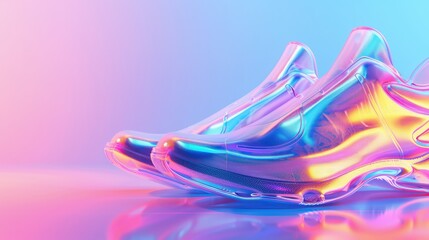 Futuristic translucent sneakers with vibrant neon colors and reflective surfaces in a gradient background, highlighting modern footwear design.