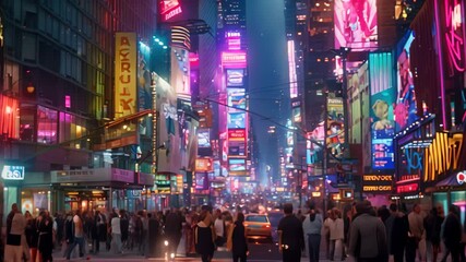 Poster - A bustling city street at night, filled with neon signs, illuminated billboards, and people walking A bustling city street alive with neon lights and people