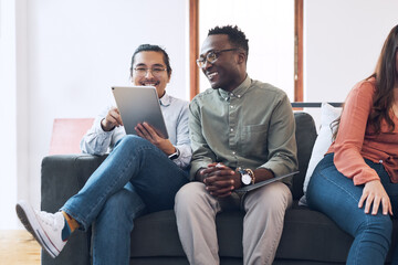 Canvas Print - Office, employees and happy on sofa with tablet for social media post or online for funny videos. Business, people and smile or laughing on internet for memes or comedy for fun, break and relax