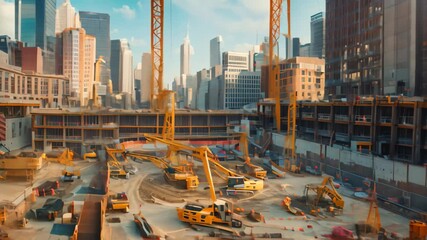 Poster - A bustling construction site with yellow cranes working on a new building surrounded by towering skyscrapers A bustling construction site with cranes in the background