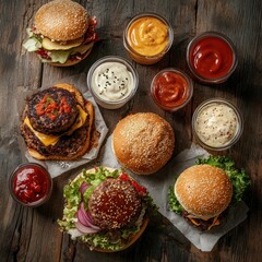 Unhealthy fast food with sauces on wooden table. Top view of various fast foods on the table. --v 6.1 Job ID: a9b17275-f92b-4dd9-9d01-6ead80b4e258