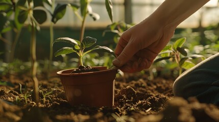 Wall Mural - A hand tenderly placing a small potted plant into the soil, symbolizing growth, nurturing, and care within a lush, green environment.