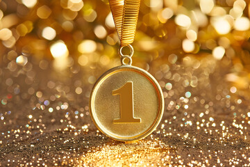 Gold medal number 1 with ribbon on golden background.