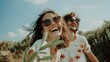 © VK Studio - A sunny outdoor scene with two people smiling and enjoying a day in nature, wearing sunglasses and casual summer attire, capturing a carefree moment.
